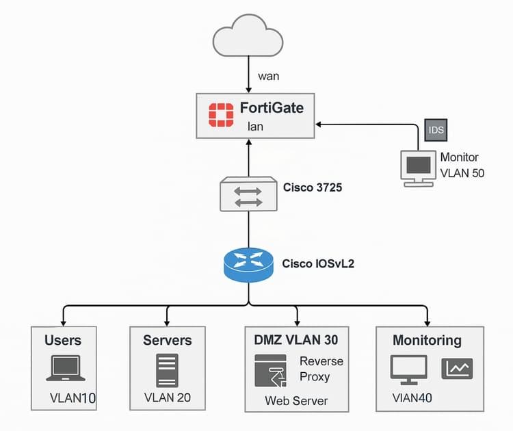 Configuration d’un réseau sécurisé avec FortiGate, Cisco, et serveurs virtuels